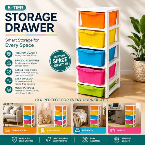 Image of 5XL Extra Large Plastic Drawer Organizer - Modular Storage Cabinet for Kitchen, Bathroom & Home (Space-Saving Design, 27x32x85 cm, Multicolour)