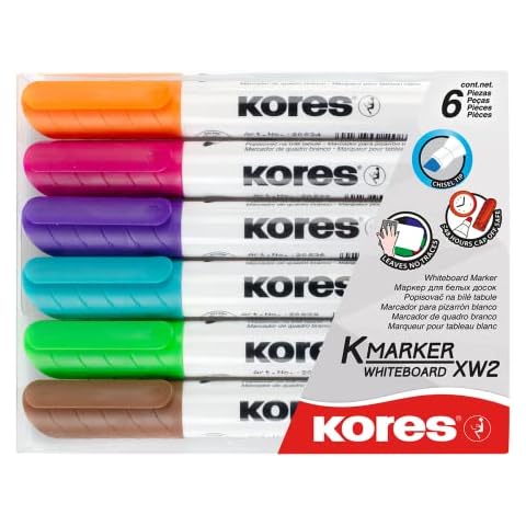 Kores - K-Marker XW2: Coloured Whiteboard Marker Pens with Chisel Tip, Dry Wipe and Low-Odour Ink, School and Office Supplies, Set of 6 Assorted Colours Cover