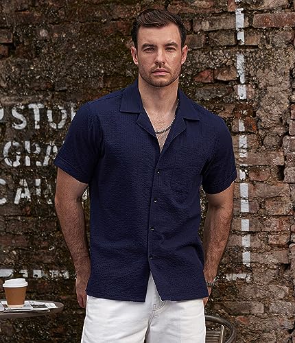 Image of VATPAVE Mens Striped Summer Shirt Casual Button Down Short Sleeve Beach Shirts Cotton Shirts for Men