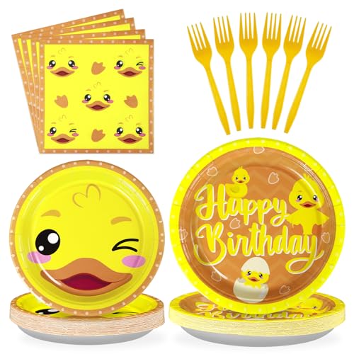 Image of Grencian 96Pcs Duck Birthday Party Decorations,Serve 24 | Cartoon Yellow Duck Plates and Napkins Tableware Set Duckie Baby Shower Decorations for One Lucky Ducks Birthday Supplies
