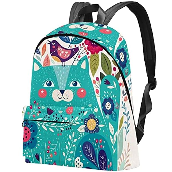 Grote Canvas Rugzak College School Mannen & Vrouwen Kitty Omringd door Vogels Bloemen Lieveheersbeestjes, Multicolor