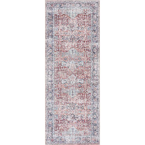 Bloom Rugs Caria Washable Non-Slip 7 ft Runner - Brick/Dark Blue Traditional Runner for Entryway, Hallway, Bathroom, and Kitchen - Exact Size: 2'6" x 7'