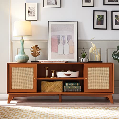 OKD-TV-Stand-for-75-Inch-TV-Mid-Century-Modern-Entertainment-Center-with-Natural-Rattan-Door-Storage-Shelves-Large-Boho-Media-TV-Console-Long-Television-Stand-for-Living-Room-Cherry OKD TV Stand for 75 Inch TV Mid Century Modern Entertainment Center with Natural Rattan Door Storage Shelves Large Boho Media TV Console Long Television Stand for Living Room Cherry