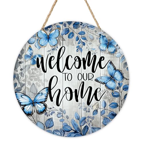 Bolisom Welcome to Our Home Blue Butterfly Front Door Sign, Farmhouse Floral Leaves Botanical Wood Hanger Outdoor Outside Porch Home Decor, Spring Summer Wooden Wreath Indoor Wall Hanging Decoration