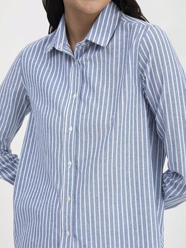 Image of FableStreet Women Shirt | Striped Long Sleeve Polo Collar Button Down | Breathable Linen Blend Fabric | Business Casual & Formal Wear