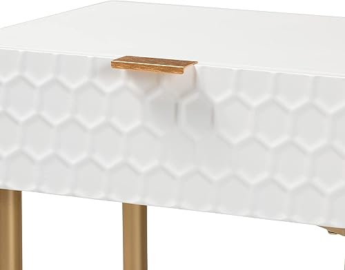 Miniatura 7 de Baxton Studio Marcin Contemporary Glam and Luxe - Mesa auxiliar con 1 cajón de madera y metal dorado con acabado blanco