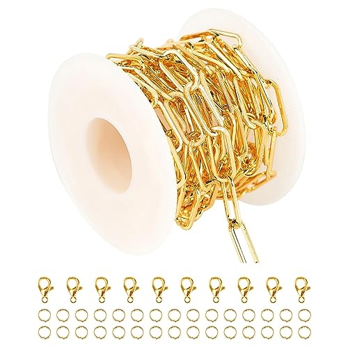UMAOKANG Large Paperclip Chain for Jewelry Making, Gold Plated Stainless Steel Paper Clip Link Chain Roll with Jump Rings and Lobster Clasps