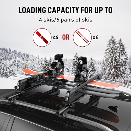 Ski & Snowboard Rack for Car Roof, 27.5'' Loading Width Fits 6 Pairs of Skis or 4 Snowboards, Aluminum Roof Rack with Lock & Rubber Padding