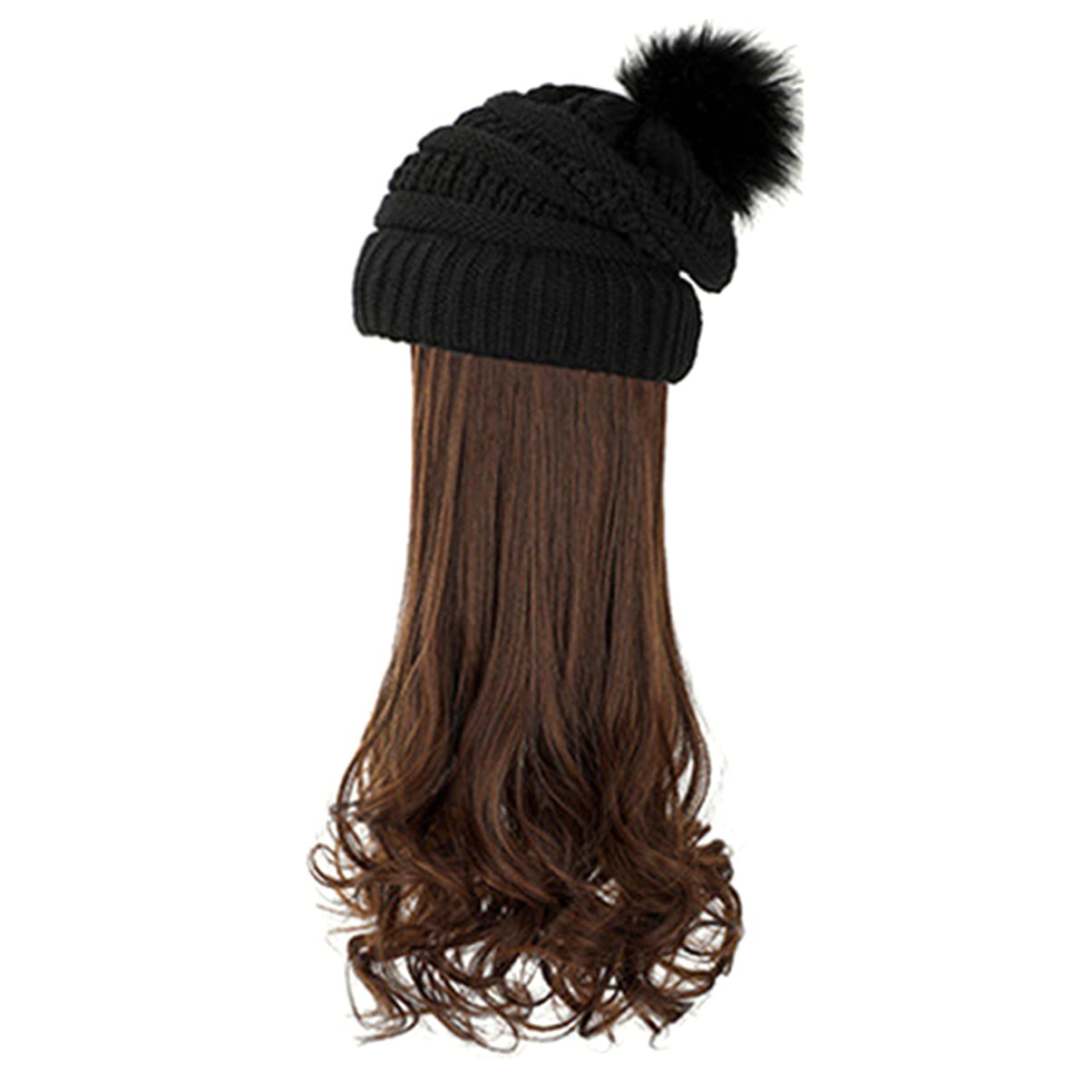 FRCOLOR Peluca de Pelo Ondulado y Gorro de Invierno de Crochet, Tamaño Único, Gorro de Punto Negro Peluca Desmontable Castaño Claro para Mujer en Fiestas y Disfraces