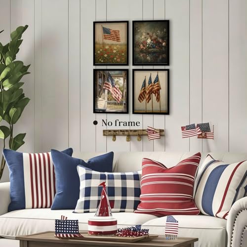Image of WEFKODO Patriotic Decor Vintage Wall Art for Home Bathroom Bedroom, Vintage Retro America Flag Flower Wall Decor 4th of July Decorations Pictures Posters Prints 4Pcs, 8x10 Inch Unframed
