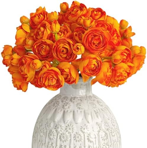 Letjolt Ranunculus Artificial Flower 18 Pcs Orange Silk Ranunculu...