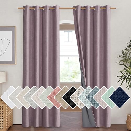 NICETOWN Chaise Mauve Vintage Linen 100% Blackout Curtains for Living Room, Thermal Insulated Curtains 84“ Long, Noise Reducing Window Treatment Drapes for Hall Room, 52