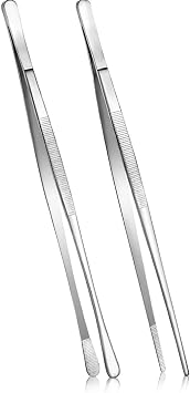 2pcs Stainless Steel Tongs 12", Multipurpose Tweezer Food Tongs Stainless Steel Steak Clip BBQ Long Tweezer Tongs, Grilling and Baking, Cooking Tweezers Precision Serrated Tips White