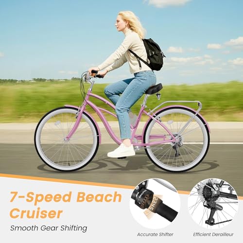 Image of MOONCOOL Beach Cruiser Bike for Women and Men, 24 /26 Inch 7-Speed Adult Bicycle, Comfortable Step-Through Frame with Rear Rack, Classic City Cruiser