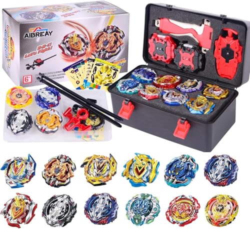 AIBREAY Peonzas Batalla con Lanzador Set, Pack de 12 Gyros Burst, 3 Lanzadores y 1 Mango, Juguetes de Combate con Caja Portátil y Accesorios, Ideal para Niños 6+ Años