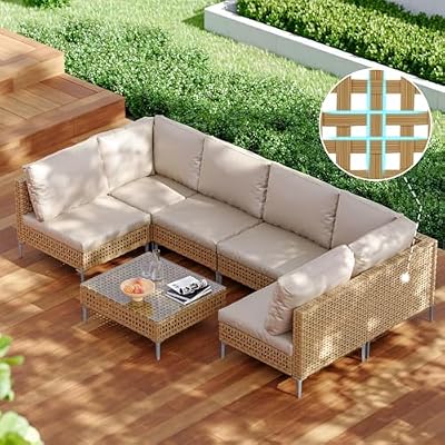 Grand patio 7-Piece Wicker Patio Furniture Set, Outdoor Sectional Conversation Sofa Couch Set with Beige Cushions Thickened Water Resistant Cushions and Glass Table for Lawn, Garden, Backyard