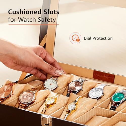 Image of amazon basics Unisex Faux Leather Watch Organiser Box with 12 Slots |Watch Organiser with Transparent Lid |20.5D X 33.5W X 8H cm | Brown