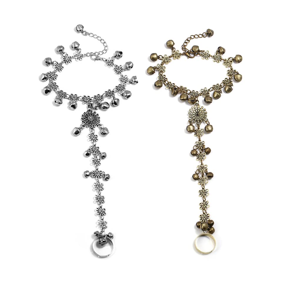 2 Pieces Indian Vintage Gold Silver Metal Bells Tassel Flower Bracelets with Finger Ring Oxidized Hand Chain Harness Slave Bracelet Beach Party Jewelry Gift for Women Girl Afghan Gypsy, No Gemstone