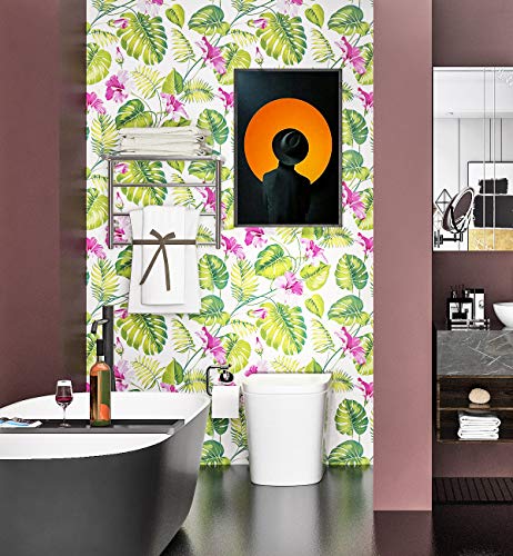 Lacheery Tropical Palm Leaf Peel And Stick Wallpaper 17.7" X 6.8Ft Removable White Green Pink Contact Paper Decorative Self Adhesive Floral Wallpaper For Bedroom Walls Shelf Drawer Liner Nightstand #TOP3