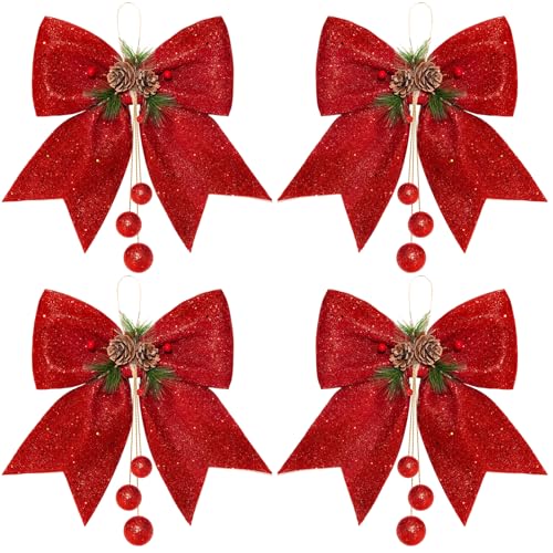 Sykrawki 4 laços de Natal grandes de tecido com purpurina vermelha (25 x 30 cm), decoração para presente, árvore de Natal, coroa e festa