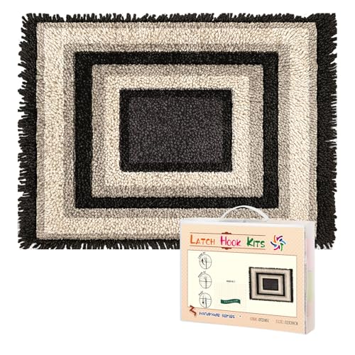 Latch Hook Rug Kit Modern Black and White Geometric Border Pre-Printed Handmade Carpet Crochet Yarn Craft DIY Hook and Latch Door Mat Tapestry for Home Floor Decoration 52x38cm-2
