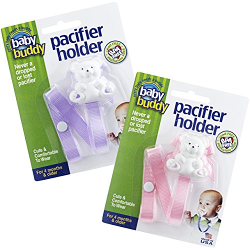Baby Buddy Pacifier Clip Holder, Newborn Essential with Universal Fit for all Binky and Teether Brands, Ages 4+ Months, Lilac + Light Pink, 2 Pack