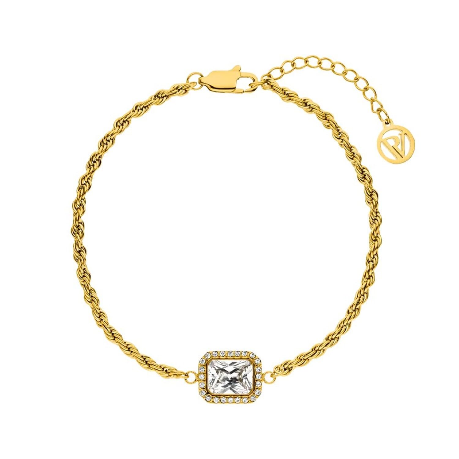 PAUL VALENTINE - Damen Armband Edelstahl - Vergoldet/Golden - mit Zirkonia Stein - Quadrat Viereck Anhänger - PV-B0002