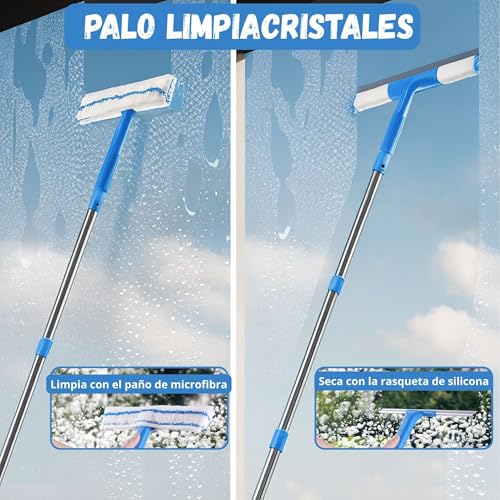 Limpiacristales Telescopico con Rasqueta Limpiacristales + Paños Microfibra | 2 Cabezales Intercambiables con Palo Extensible | Ideal Ventanas Altas, Mamparas y Coche | Incluye Bolsa para Guardar - imagen 7