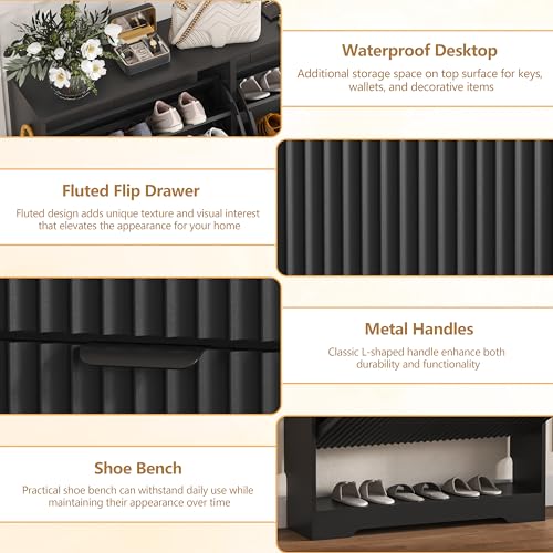 Image of HUANLEGO Shoe Cabinet Storage for Entryway with 2 Flip Drawers, Black Fluted Shoe Cabinet with Open Storage, Wooden Hidden Shoe Rack Freestanding Narrow Slim Shoes Organizer for Hallway, Entrance