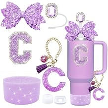 7PCS Purple Stanley Cup Accessories Set,Initials Decorations for Stanley Cup 30oz 40oz,Includes Jewel Straw Topper,Spill Proof Stopper, Handle Charm,Sparkly Silicone Boot,Letter Sticker,Bow Purple C