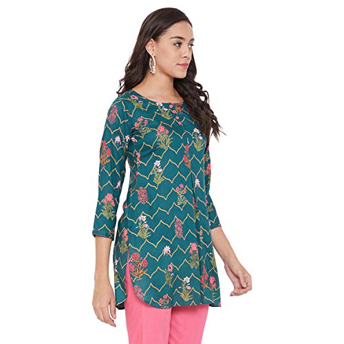 Image of Tissu Women's Green & Pink Floral Printed Kurti