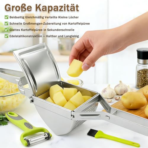 Foto von HOTLIKE Kartoffelpresse aus Edelstahl, Spätzlepresse 3 PCS Set, Professionelle Spätzlechef mit Pinsel, Schäler, Kartoffelquetsche Presse Ricer für Kartoffelpüree, Obstsäfte, Gemüsebrei, Püree