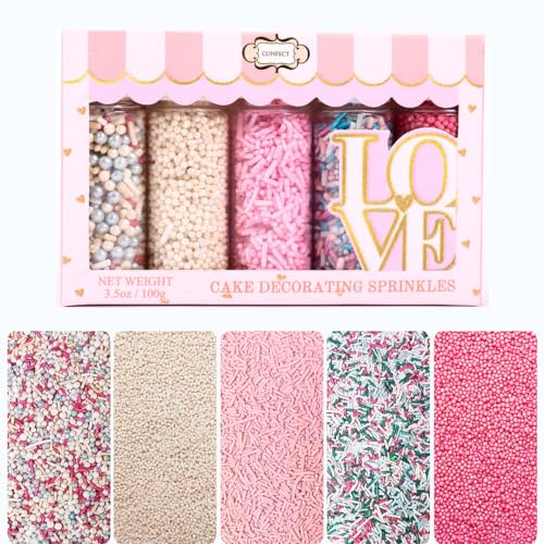 Confect Edible Sprinkles – Blush Pink, White & Silver Dragees with Baby Blue, Green, Teal Jimmies, Fuschia | Vegan, Gluten-Free, Nut-Free, Soy-Free, Dairy-Free Cake & Cupcake Decorating Mix - 5 Oz
