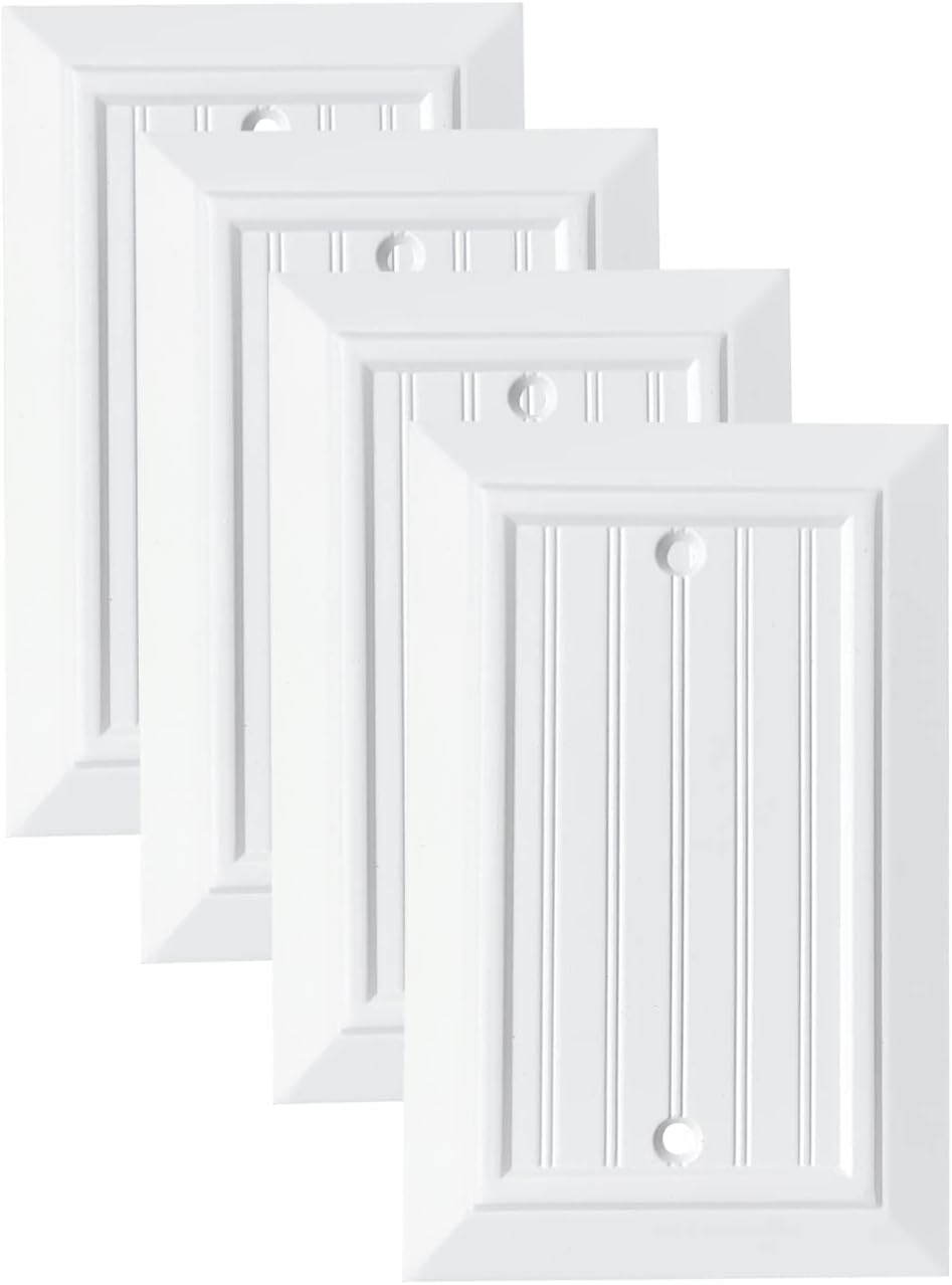 Pure White Classic Beadboard Wall Plates,Light Switch Covers,Electrical Outlet Covers, Switch Plates of Various Combination, Nature Bamboo Fiber Wall plate (1 Gang Duplex 4 Pack)