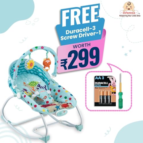 Image of INFANTSO Baby Rocker & Bouncer for 0 to 2 Years, Portable Chair for Newborn with Mosquito Net, Calming Vibrations, Soft Music & Hanging Toys, Adjustable Toddler Swing (Blue)