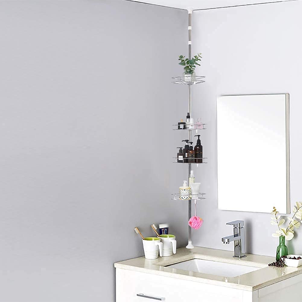 Cocoarm Teleskop-Duschregal, 4 Etagen, verstellbares Eckregal, Badezimmer-Teleskop-Duschregal, Organizer, Wandregal, Aufbewahrung, Seifenhalter, h?henverstellbar, 190–310 cm, Silber