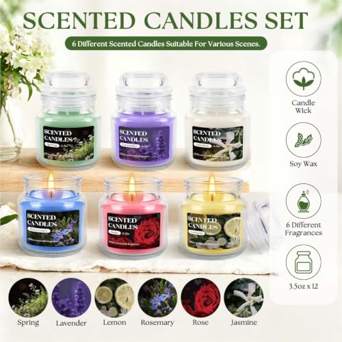 Image of 12 Pack Scented Candles Set - 3.5oz Soy Wax Aromatherapy Candles with 6 Fragrances, Long Burning Glass Jar Candles for Home Bedroom Kitchen Bathroom Dining, Gift Set for Women Men