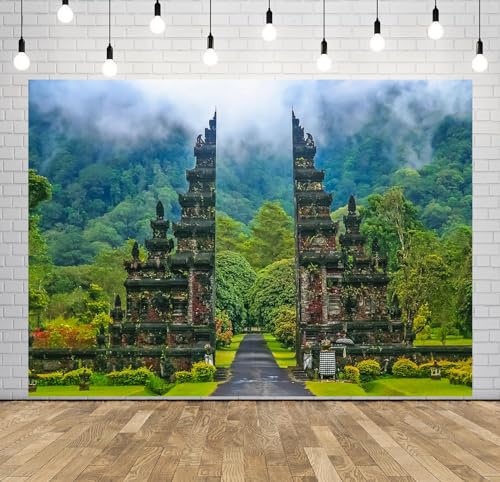 BELECO 10x8ft Fabric Bali Hindu Temple Backdrop Vintage Handara Gate Foggy Mountains Green Trees, Indonesia Background Bali Travel Portrait Shoot Kids Adults Photo Booth Studio Props