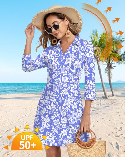 Image of WOWENY 3 /4 Sleeve Dress for Women with Pockets V Neck UPF 50+ Casual Sun Dress Breathable Quick Dry Beach Vacation