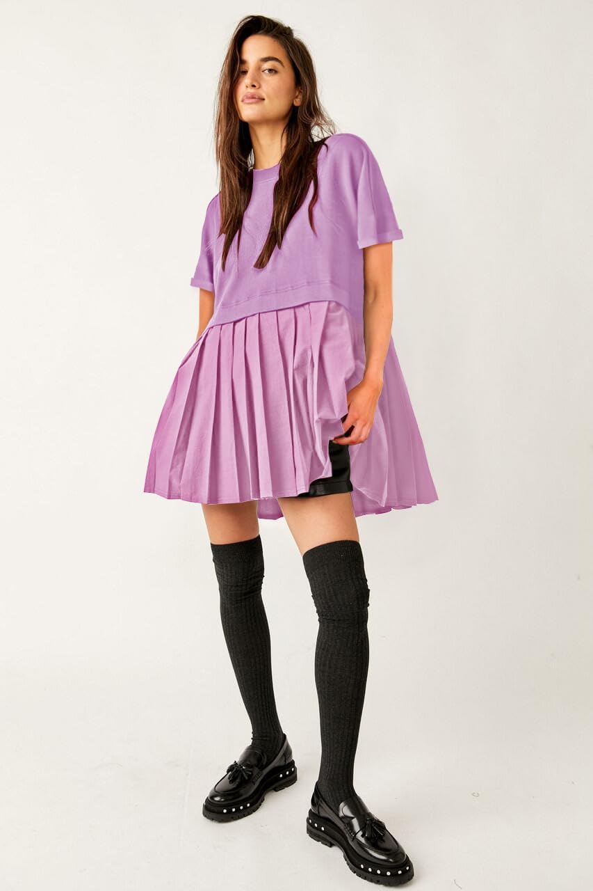 SAUKOLE Womens Summer Crew Neck Short Sleeve Dress Patchwork Pleated A Line Beach Boho Mini Dress