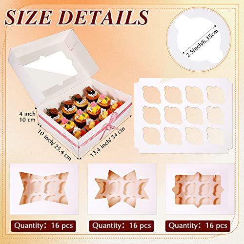 Jutom 48 Set 12 Cupcake Containers White Cupcake Box Food Grade Cupcake Holders Bakery Carrier Treat Boxes With 3 Style Window Cake Ribbon And Inserts 14 X 10 X 4 In For Dessert, Muffins, Pastries #TOP1