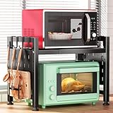 Kitstorack Adjustable Microwave Oven Rack,Microwave Stand Shelf Heavy Duty 2-Tier Shelf with Cutting Boards Stand for Kitchen Shelves Counter Top Organizer, Holds 120lbs,9 Hooks