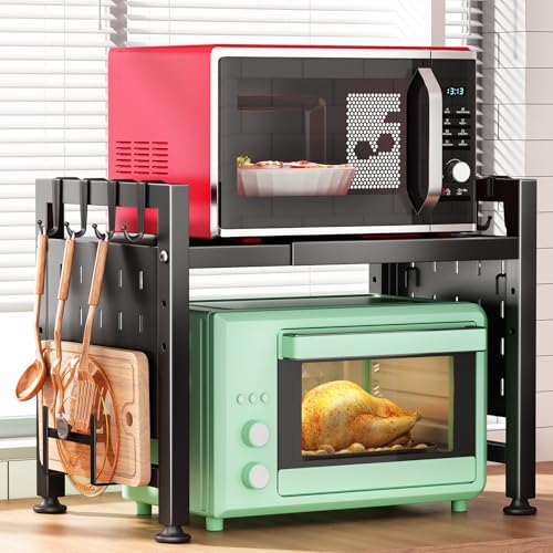 Image of Kitstorack Adjustable Microwave Oven Rack,Microwave Stand Shelf Heavy Duty 2-Tier Shelf with Cutting Boards Stand for Kitchen Shelves Counter Top Organizer, Holds 120lbs,9 Hooks