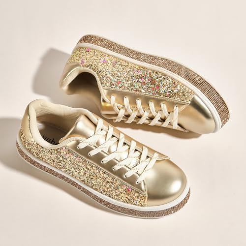 Image of UUBARIS Women's Glitter Tennis Sneakers Neon Dressy Sparkly Sneakers Rhinestone Bling Wedding Bridal Shoes Shiny Sequin Shoes