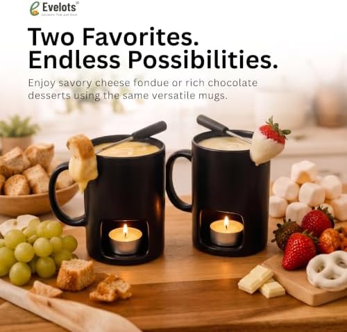 Evelots 2-Pack Fondue Cheese & Chocolate Mugs, 4 Forks, 8 Candles, Black - 2