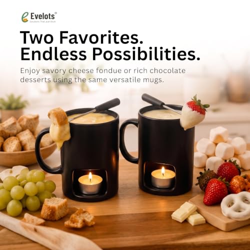 Image of Evelots Mini Fondue Pot Set - 4 Pack Ceramic Fondue Mugs for Chocolate, Cheese and Candy with 8 Forks and 16 Candles - Mothers Day Gifts for Mom, Romantic Date Night Gift - Black | Serve chocolate or cheese fondue for date nights, parties and Mother's Day; includes 4 mugs, 8 forks and 16 tealight candles.