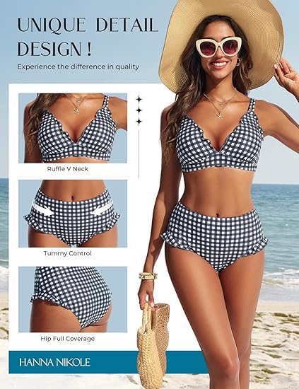 Hanna Nikole Damski zestaw bikini, urocze falbany, seksowny dekolt w serek, efekt push-up, spodnie z wysokim stanem, podwójne paski na ramiona