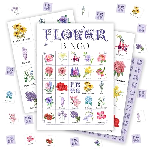 MVZX Flowers Bingo Game, Floral Party Bingo Cards for Adults, Birthday Party Games, Indoor Outdoor Home Office Activities Purple Party Favors Supplies Decorations, 24 Players Bingo Games, 07