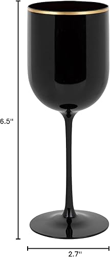 Miniatura 5 de EcoQuality Copas de vino de plástico negro con borde dorado, copas de vino de 12 onzas con tallo, copas de vino desechables inastillables,