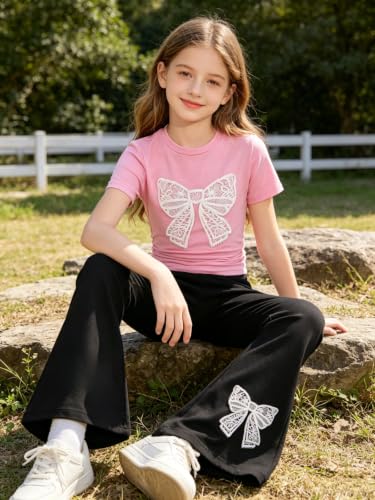 Image of Girls Clothes 2 Piece Short Sleeve Lace Bow Print Tops Flared Pants Set Little Girl Outfits Size 7-14